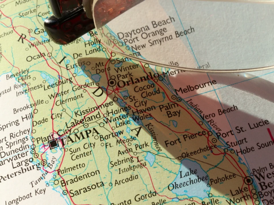 A map of Florida featuring Tampa, Clearwater, St. Petersburg, Bradenton, Sarasota and more.